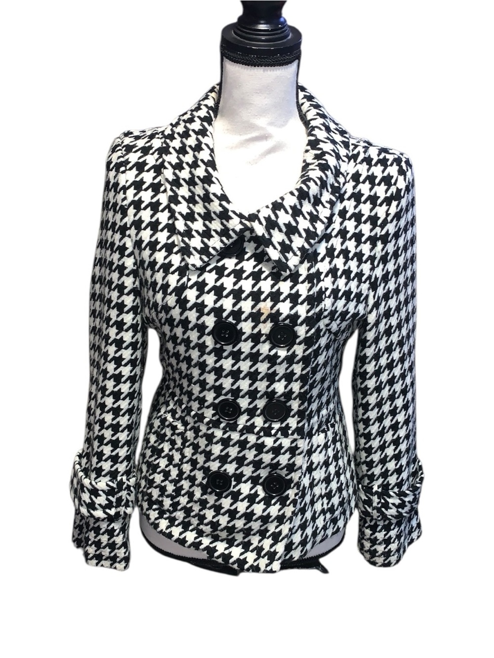 Last Kiss Black & White Houndstooth Double-Breasted Peacoat